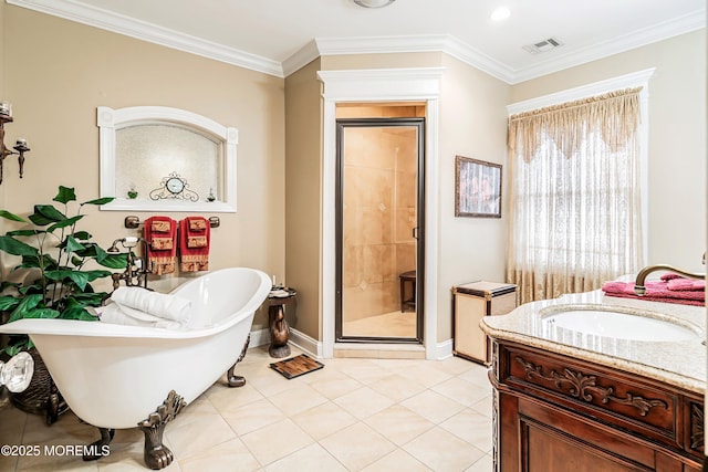 304 8th Ave, Belmar, NJ 07719 - full bath with a soaking tub, a shower stall, baseboards, vanity, and crown molding