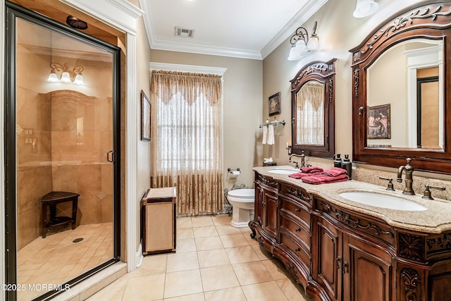 304 8th Ave, Belmar, NJ 07719 - full bathroom with toilet, double vanity, a shower stall, tile patterned floors, and ornamental molding