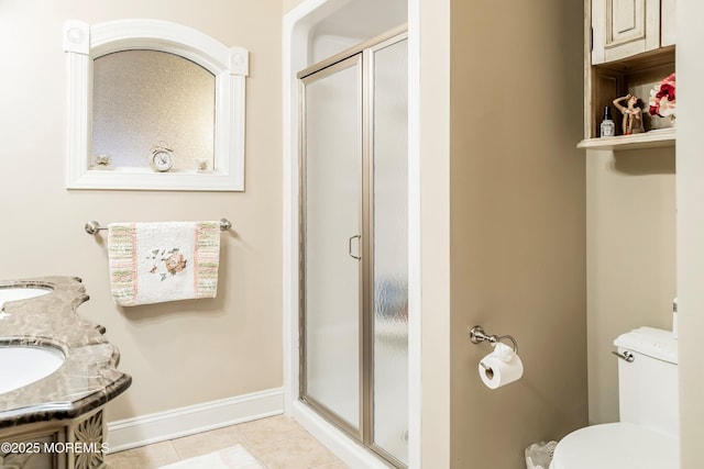 304 8th Ave, Belmar, NJ 07719 - bathroom with tile patterned floors, a stall shower, toilet, baseboards, and double vanity