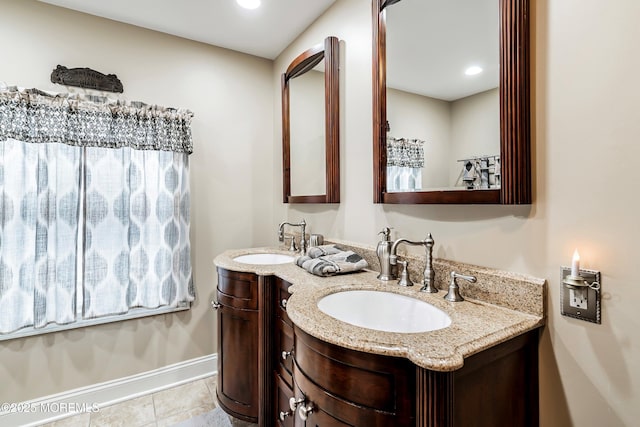 304 8th Ave, Belmar, NJ 07719 - bathroom featuring double vanity, baseboards, tile patterned floors, and recessed lighting