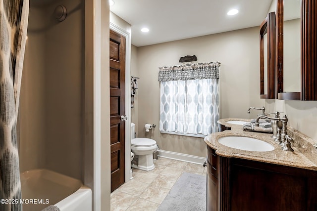 304 8th Ave, Belmar, NJ 07719 - bathroom featuring toilet, double vanity, baseboards, tile patterned flooring, and recessed lighting