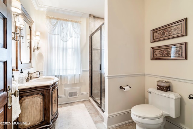 304 8th Ave, Belmar, NJ 07719 - bathroom featuring toilet, vanity, a stall shower, baseboard heating, and baseboards