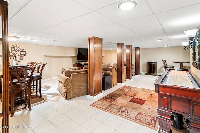 304 8th Ave, Belmar, NJ 07719 - rec room featuring a drop ceiling, radiator heating unit, light tile patterned floors, and baseboards