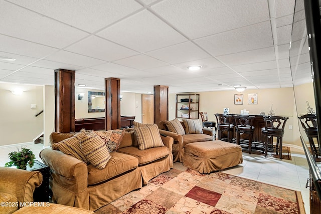 304 8th Ave, Belmar, NJ 07719 - living area with bar with sink, baseboards, a paneled ceiling, tile patterned flooring, and stairs