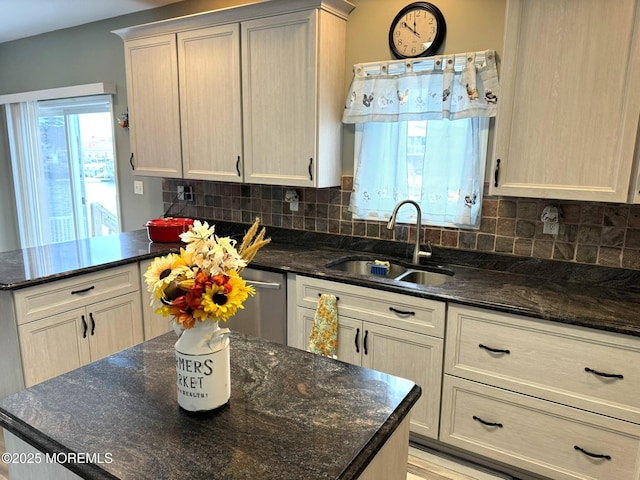 128 E Delaware Dr, Little Egg Harbor, NJ 08087 - kitchen with a sink, dishwasher, backsplash, and dark stone countertops