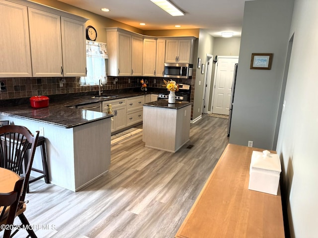 128 E Delaware Dr, Little Egg Harbor, NJ 08087 - kitchen featuring appliances with stainless steel finishes, a sink, decorative backsplash, light wood-style floors, and a peninsula