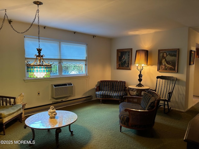 138 Hudson Pkwy Unit B, Whiting, NJ 08759 - living room with a baseboard heating unit, carpet, a wall unit AC, and a chandelier