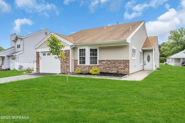 4 Beechwood Ct, Barnegat, NJ 08005 - view of front of house with brick siding, an attached garage, driveway, a front yard, and roof with shingles