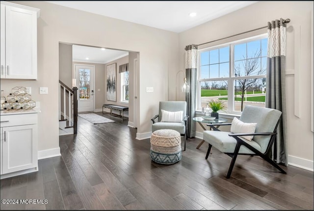2707 Journey Ave, Marlboro, NJ 07746 - living area with stairs, baseboards, dark wood-type flooring, and recessed lighting