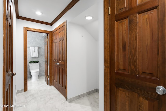 160 Pelican Rd, Middletown, NJ 07748 - hallway featuring light marble finish flooring, ornamental molding, baseboards, and recessed lighting