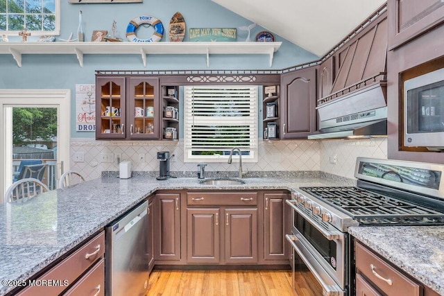 22 Franklin Ave, Hazlet, NJ 07734 - kitchen with appliances with stainless steel finishes, a sink, vaulted ceiling, open shelves, and decorative backsplash