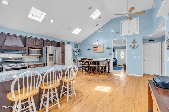 22 Franklin Ave, Hazlet, NJ 07734 - kitchen featuring appliances with stainless steel finishes, high vaulted ceiling, a kitchen breakfast bar, a ceiling fan, and decorative backsplash