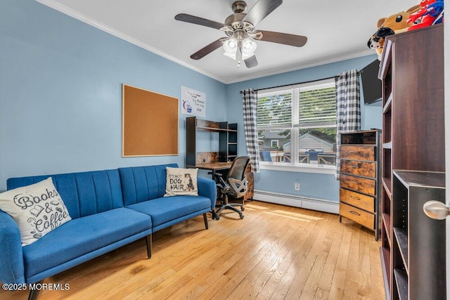 22 Franklin Ave, Hazlet, NJ 07734 - office space with a baseboard radiator, ornamental molding, light wood-type flooring, and ceiling fan