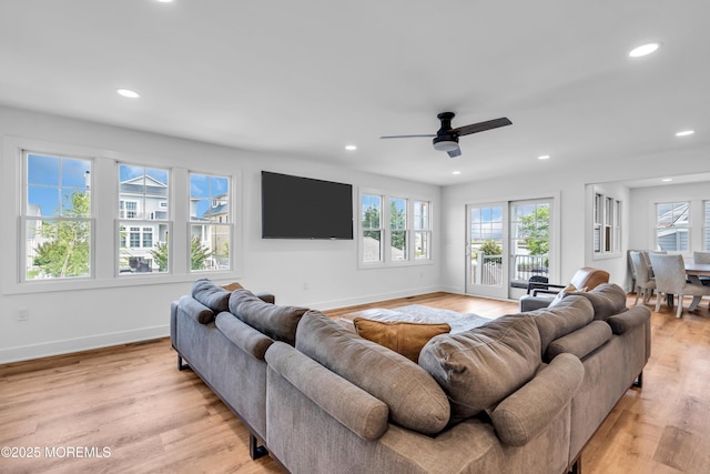 303 Forman Ave, Point Pleasant Beach, NJ 08742 - living room with healthy amount of natural light, recessed lighting, baseboards, ceiling fan, and light wood-style floors