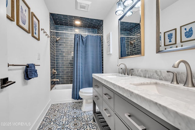 303 Forman Ave, Point Pleasant Beach, NJ 08742 - bathroom with toilet, double vanity, shower / bath combo, tile patterned floors, and baseboards