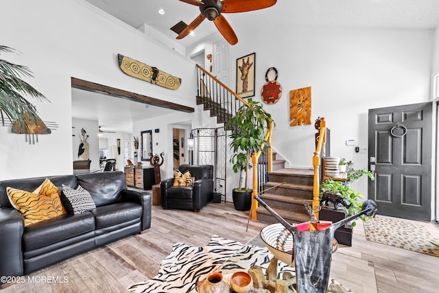 68 Winthrop Rd Unit 68B, Monroe, NJ 08831 - living area with a ceiling fan, high vaulted ceiling, stairway, and light wood-style floors