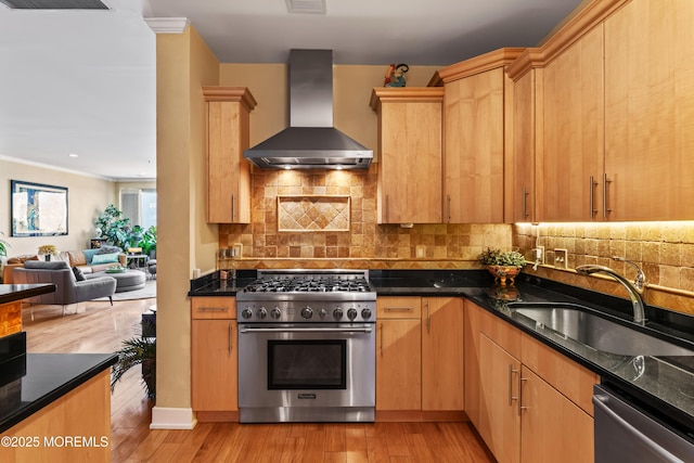 432 Ocean Blvd Unit 208, Long Branch, NJ 07740 - kitchen with wall chimney range hood, appliances with stainless steel finishes, a sink, open floor plan, and backsplash