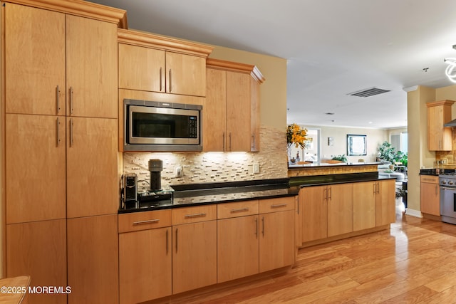 432 Ocean Blvd Unit 208, Long Branch, NJ 07740 - kitchen with stainless steel appliances, backsplash, light wood finished floors, a peninsula, and light brown cabinets