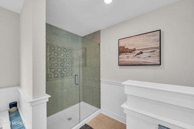 804 Linden Rd, Toms River, NJ 08753 - bathroom with a wainscoted wall, a stall shower, a decorative wall, and recessed lighting