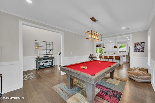 804 Linden Rd, Toms River, NJ 08753 - game room featuring wainscoting, dark wood-type flooring, pool table, recessed lighting, and a decorative wall