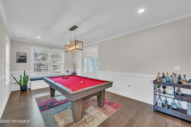 804 Linden Rd, Toms River, NJ 08753 - game room with wainscoting, billiards, crown molding, dark wood-style floors, and a decorative wall
