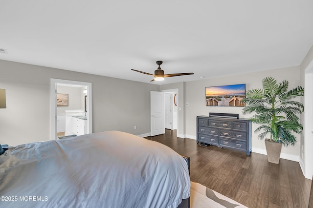 804 Linden Rd, Toms River, NJ 08753 - bedroom with dark wood-type flooring, baseboards, ceiling fan, and connected bathroom