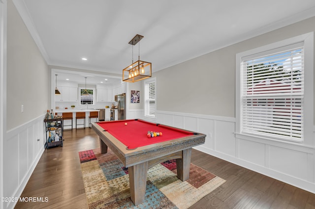 804 Linden Rd, Toms River, NJ 08753 - game room with ornamental molding, dark wood-type flooring, a decorative wall, a wainscoted wall, and billiards