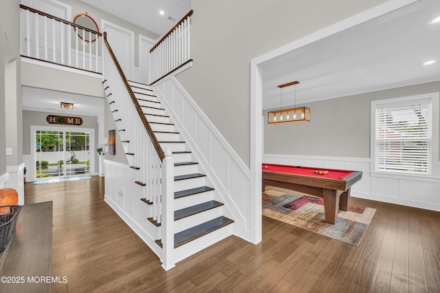 804 Linden Rd, Toms River, NJ 08753 - staircase featuring a wainscoted wall, wood finished floors, billiards, and recessed lighting