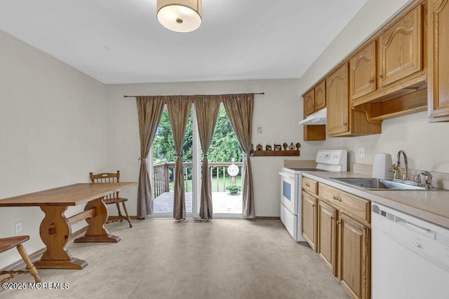 44 Hoover St, Freehold, NJ 07728 - kitchen with white appliances, a sink, under cabinet range hood, baseboards, and light countertops