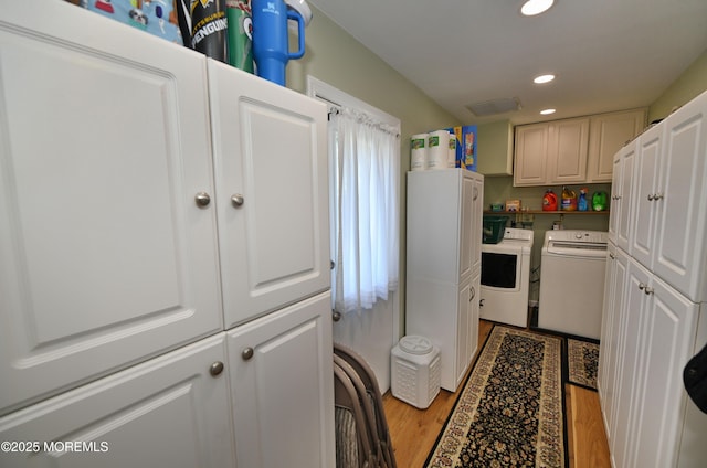 15 Tamarack St, Howell, NJ 07731 - laundry room featuring cabinet space, washer and clothes dryer, light wood-style floors, and recessed lighting