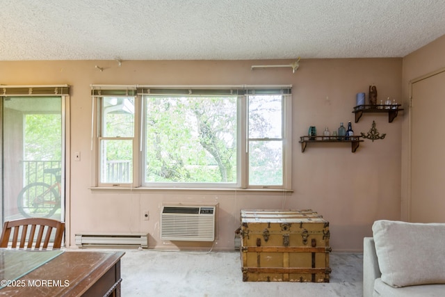 324 Shore Dr Unit A10, Highlands, NJ 07732 - sitting room with baseboard heating, plenty of natural light, a textured ceiling, a wall mounted AC, and carpet