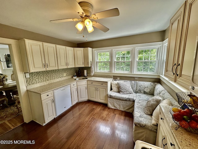 8 Spruce St, Toms River, NJ 08753 - kitchen featuring white dishwasher, dark wood finished floors, a ceiling fan, and decorative backsplash