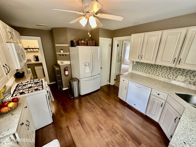 8 Spruce St, Toms River, NJ 08753 - kitchen featuring white appliances, a ceiling fan, dark wood finished floors, tasteful backsplash, and white cabinets