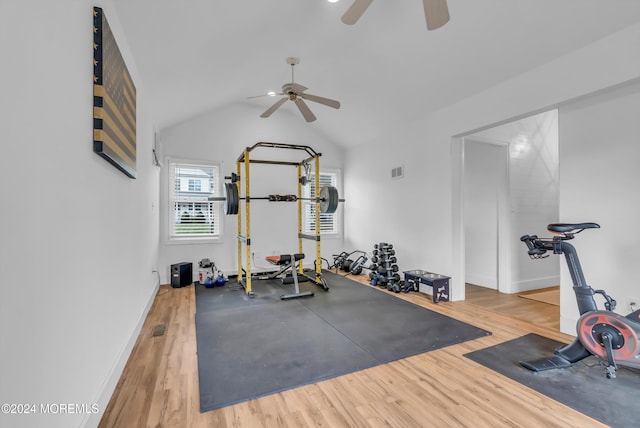 137 Church St, Fair Haven, NJ 07704 - exercise area with a ceiling fan, wood finished floors, and vaulted ceiling