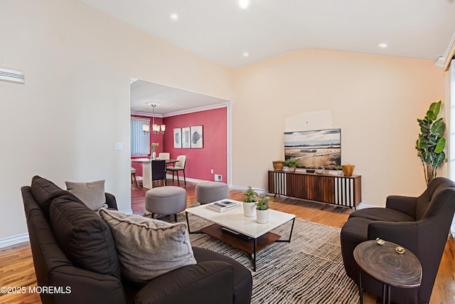 18 Croman Ct, Hazlet, NJ 07730 - living room featuring light wood finished floors, a chandelier, vaulted ceiling, and recessed lighting