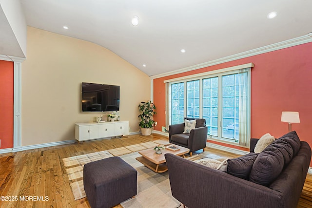 18 Croman Ct, Hazlet, NJ 07730 - living room featuring vaulted ceiling, wood finished floors, decorative columns, recessed lighting, and ornamental molding