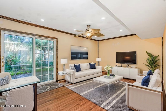 18 Croman Ct, Hazlet, NJ 07730 - living room with ceiling fan, wood finished floors, ornamental molding, and recessed lighting