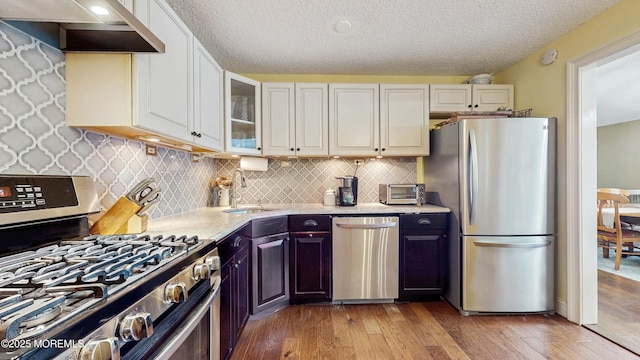 280 Tulip Ln, Freehold, NJ 07728 - kitchen with appliances with stainless steel finishes, range hood, a sink, light wood-type flooring, and glass insert cabinets