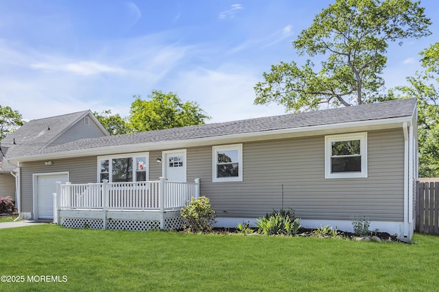 1624 Joffre Rd, Forked River, NJ 08731 - ranch-style home featuring a front yard, an attached garage, a deck, and a shingled roof