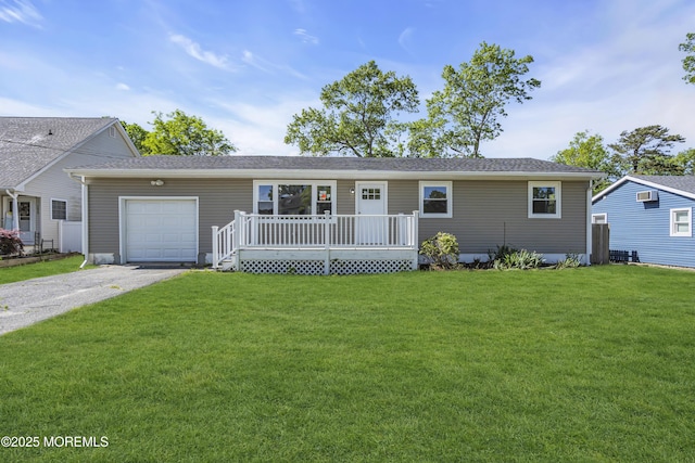 1624 Joffre Rd, Forked River, NJ 08731 - ranch-style house with a garage, a front yard, asphalt driveway, and a wooden deck