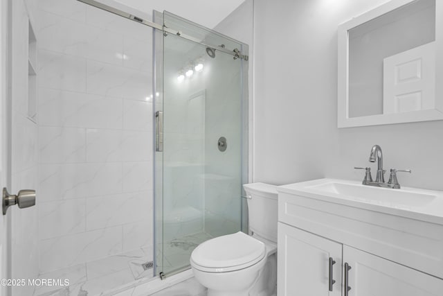 1624 Joffre Rd, Forked River, NJ 08731 - bathroom featuring marble look tile flooring, toilet, a stall shower, and vanity