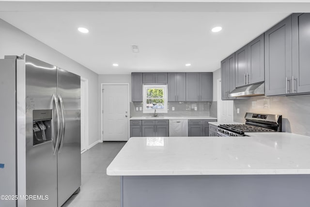 1624 Joffre Rd, Forked River, NJ 08731 - kitchen with appliances with stainless steel finishes, gray cabinets, under cabinet range hood, tasteful backsplash, and recessed lighting