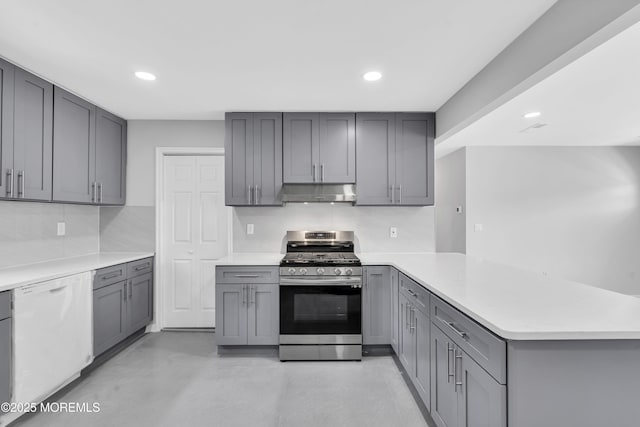 1624 Joffre Rd, Forked River, NJ 08731 - kitchen featuring stainless steel gas range, dishwasher, under cabinet range hood, gray cabinets, and recessed lighting