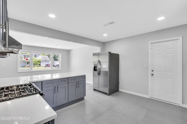 1624 Joffre Rd, Forked River, NJ 08731 - kitchen featuring stainless steel fridge with ice dispenser, light countertops, recessed lighting, gray cabinets, and baseboards