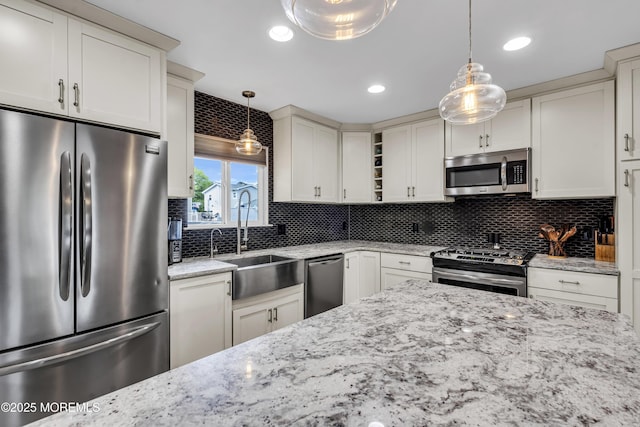 120 Lake Winnepesaukee Dr, Little Egg Harbor, NJ 08087 - kitchen with appliances with stainless steel finishes, a sink, open shelves, tasteful backsplash, and light stone counters