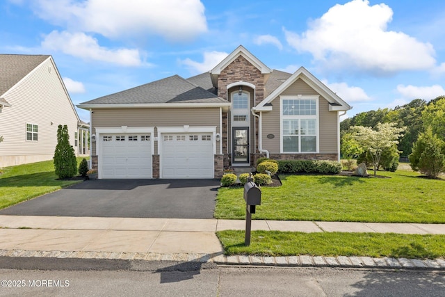 2 Haley Cir, Barnegat, NJ 08005 - view of front of property featuring stone siding, asphalt driveway, a garage, a front lawn, and a shingled roof