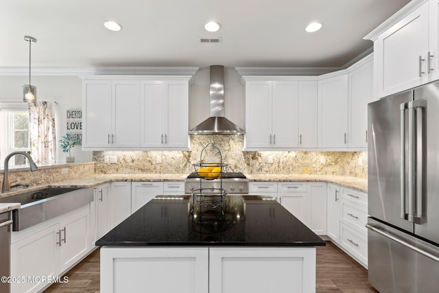 2 Haley Cir, Barnegat, NJ 08005 - kitchen featuring high end fridge, wall chimney exhaust hood, white cabinetry, wood finished floors, and recessed lighting