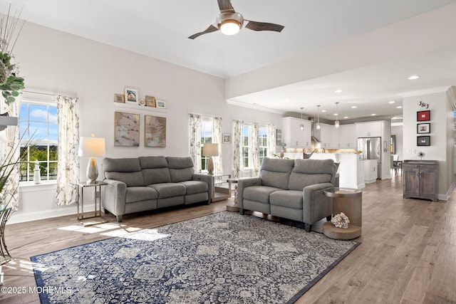 2 Haley Cir, Barnegat, NJ 08005 - living area featuring healthy amount of natural light, a ceiling fan, light wood-style floors, baseboards, and ornamental molding