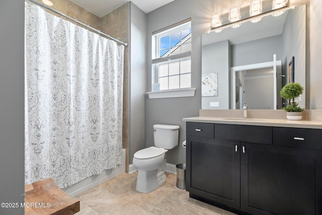 2 Haley Cir, Barnegat, NJ 08005 - bathroom featuring vanity, toilet, baseboards, and shower / bathtub combination with curtain