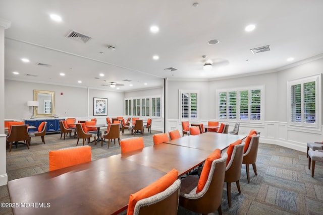 2 Haley Cir, Barnegat, NJ 08005 - dining space with crown molding, recessed lighting, a wainscoted wall, and a decorative wall